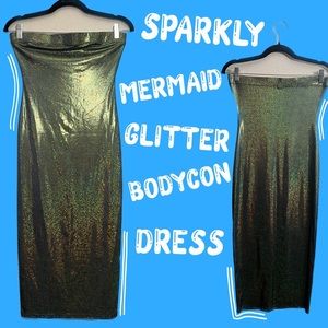Sleeveless Green Glitter Bodycon Maxi Dress • Sparkly Rainbow Glitter Detail